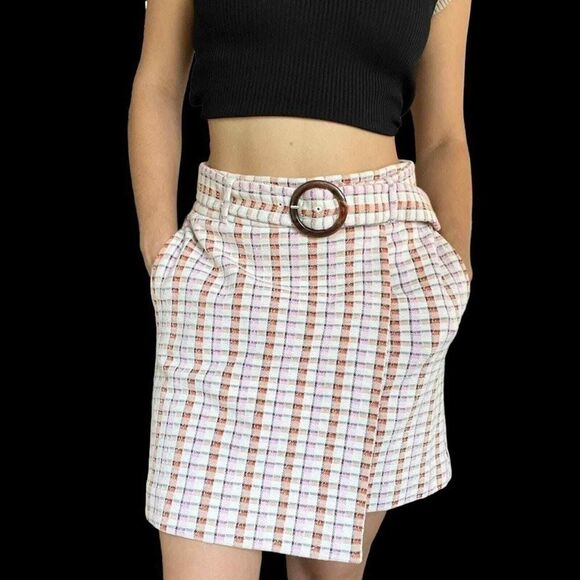 Ann Taylor Belted Mini Skirt Plaid Wrap Pink Orange Pockets Retro 12P NEW NWT - Picture 1 of 7